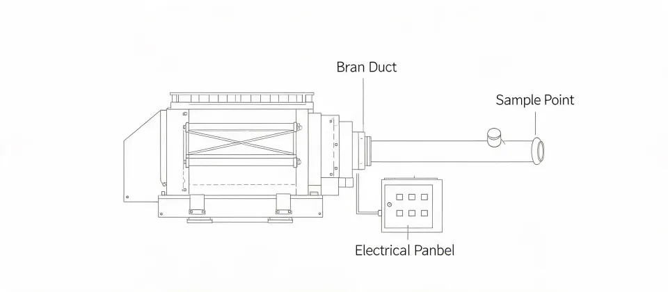 Schematic of a rice mill bay with whitener, bran duct and electrical panel