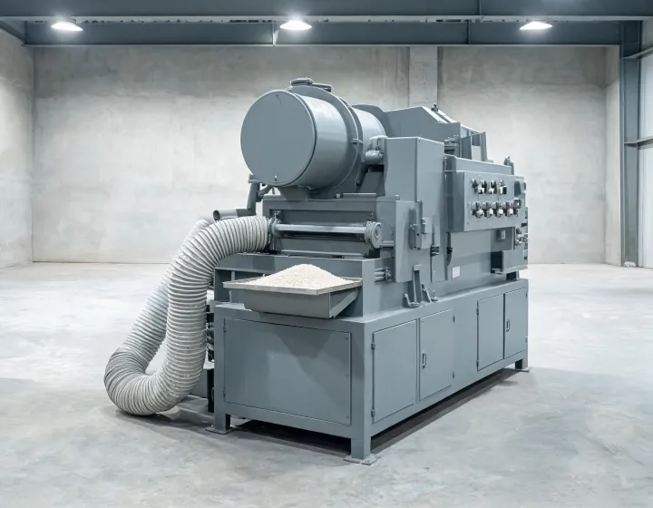 Rice whitening mill with bran collection duct and sample tray on a mill floor