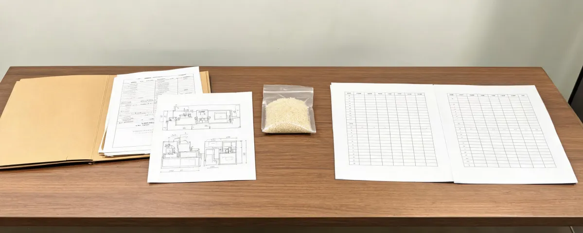 RFQ dossier with mill layout sketch, sample bag and quotation columns